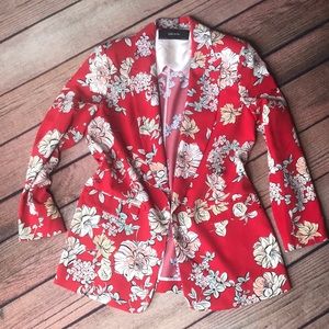 Zara red floral open front floral blazer